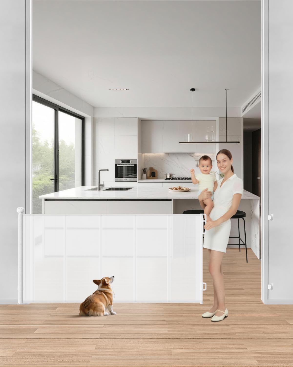 Upgraded Retractable Baby Gate - 71 Wide 34 Tall Mesh Child Safety Gate with High-Density Reinforced Rods, Easy One-Hand Operation Retractable Dog Gate, Fits Baseboards, White